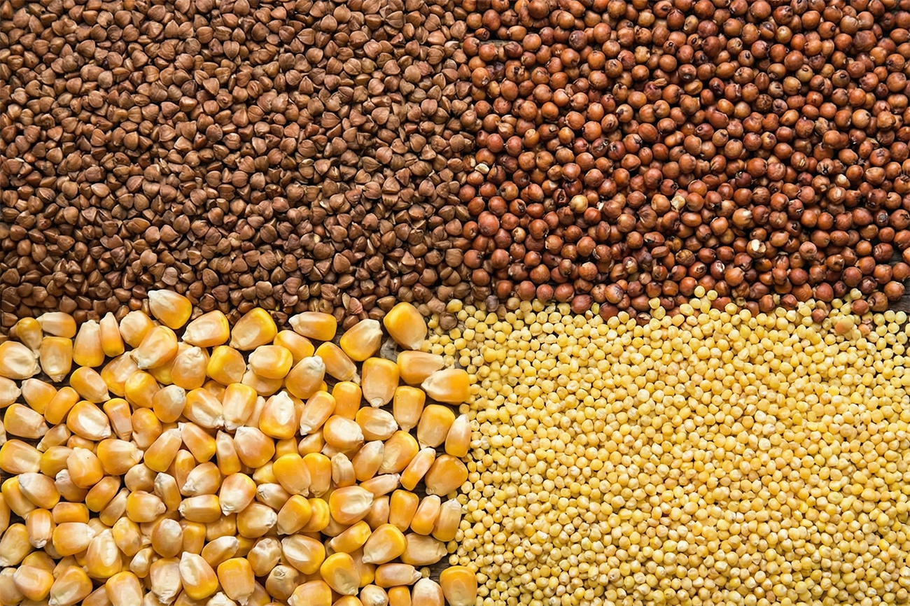 mešana brezglutenska žita raztresena eden zraven drugega