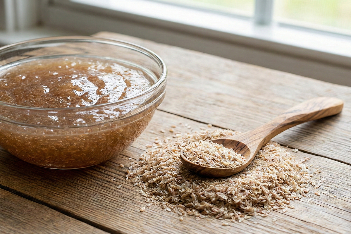 Psyllium gel in luščine na leseni mizi