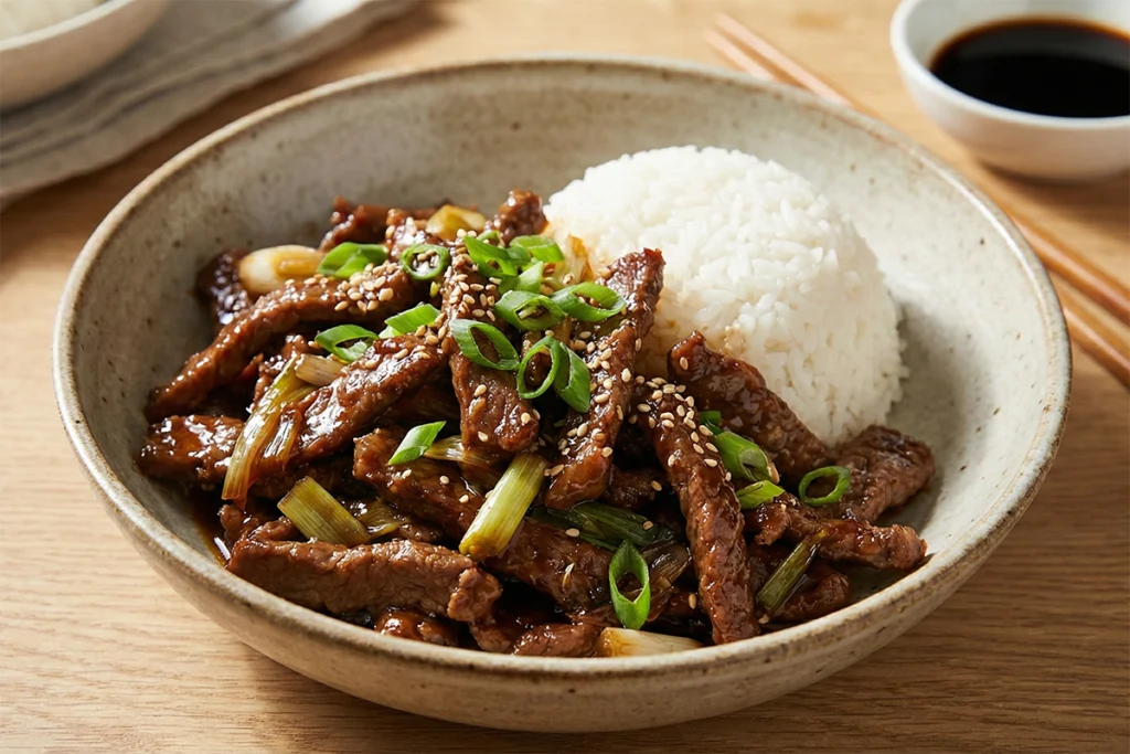 Brezglutenska mongolska govedina servirana z rižem