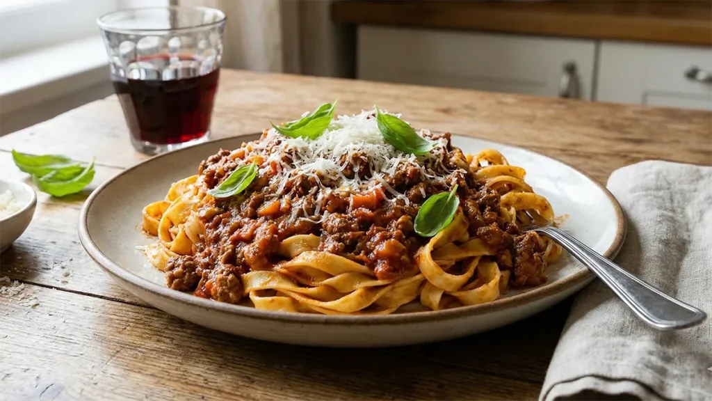 Bolognese omaka z brezglutenskimi testeninami na krožniku.