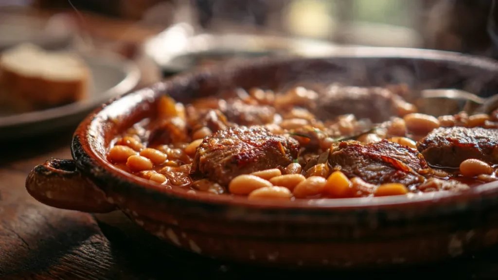 Brezglutenska enolončnica s svinjino, klobaso in fižolom (cassoulet) postrežena v keramični posodi.