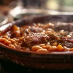 Brezglutenska enolončnica s svinjino, klobaso in fižolom (cassoulet) postrežena v keramični posodi.