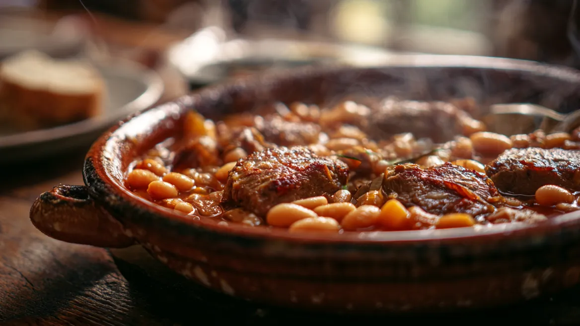 Brezglutenska enolončnica s svinjino, klobaso in fižolom (cassoulet) postrežena v keramični posodi.