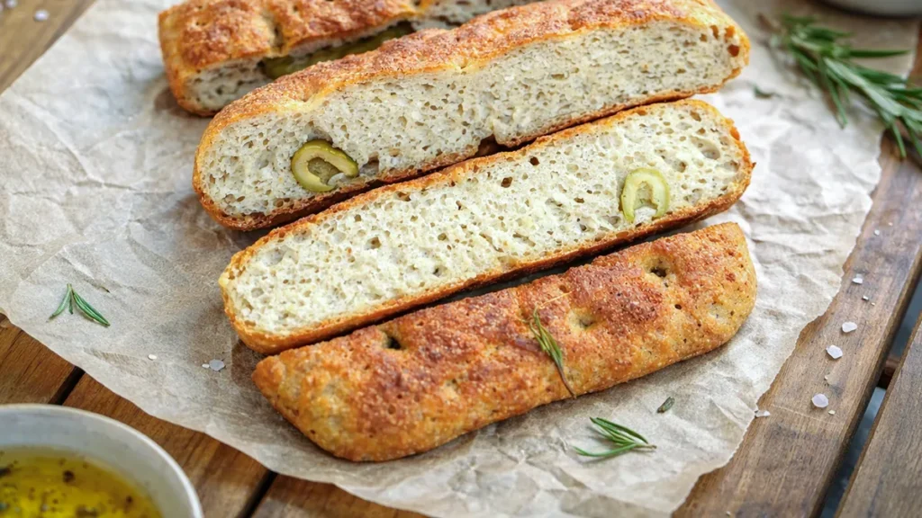 Brezglutenska focaccia prerezana na mizi