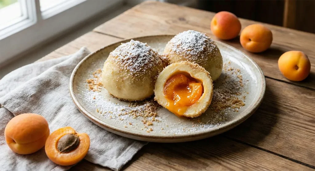 Brezglutenski marelični cmoki na krožniku posuti z drobtinami.