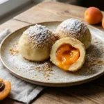 Brezglutenski marelični cmoki na krožniku posuti z drobtinami.