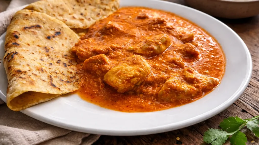 Masleni piščanec postrežen z naan kruhom