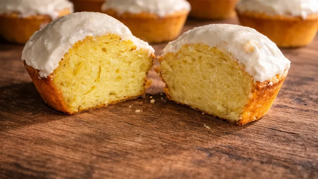 Brezglutenski muffini z jogurtovim prelivom na leseni podlagi