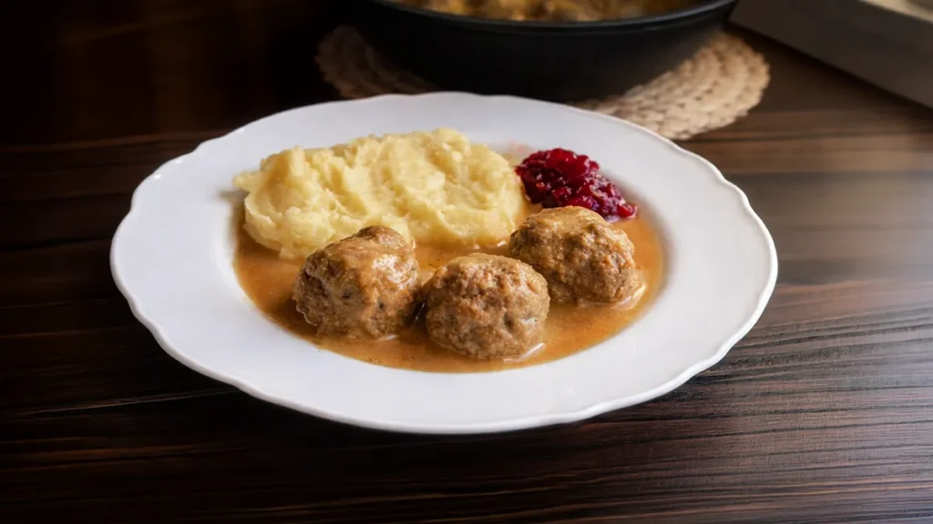 Brezglutenske švedske mesne kroglice na krožniku.